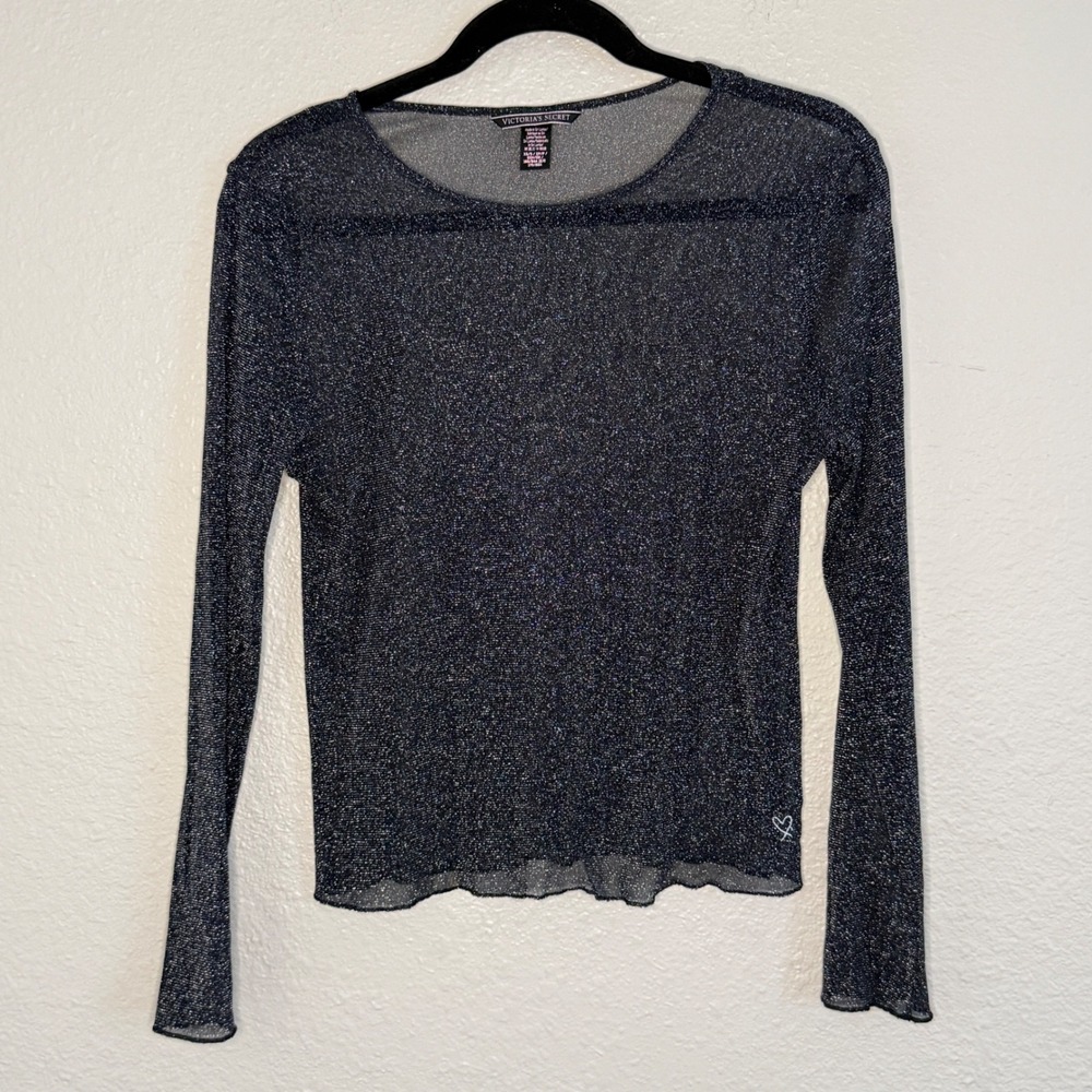 Y2K Celestial Festival Black Metallic Glitter Shimmer Mesh Layer Top Womens XS